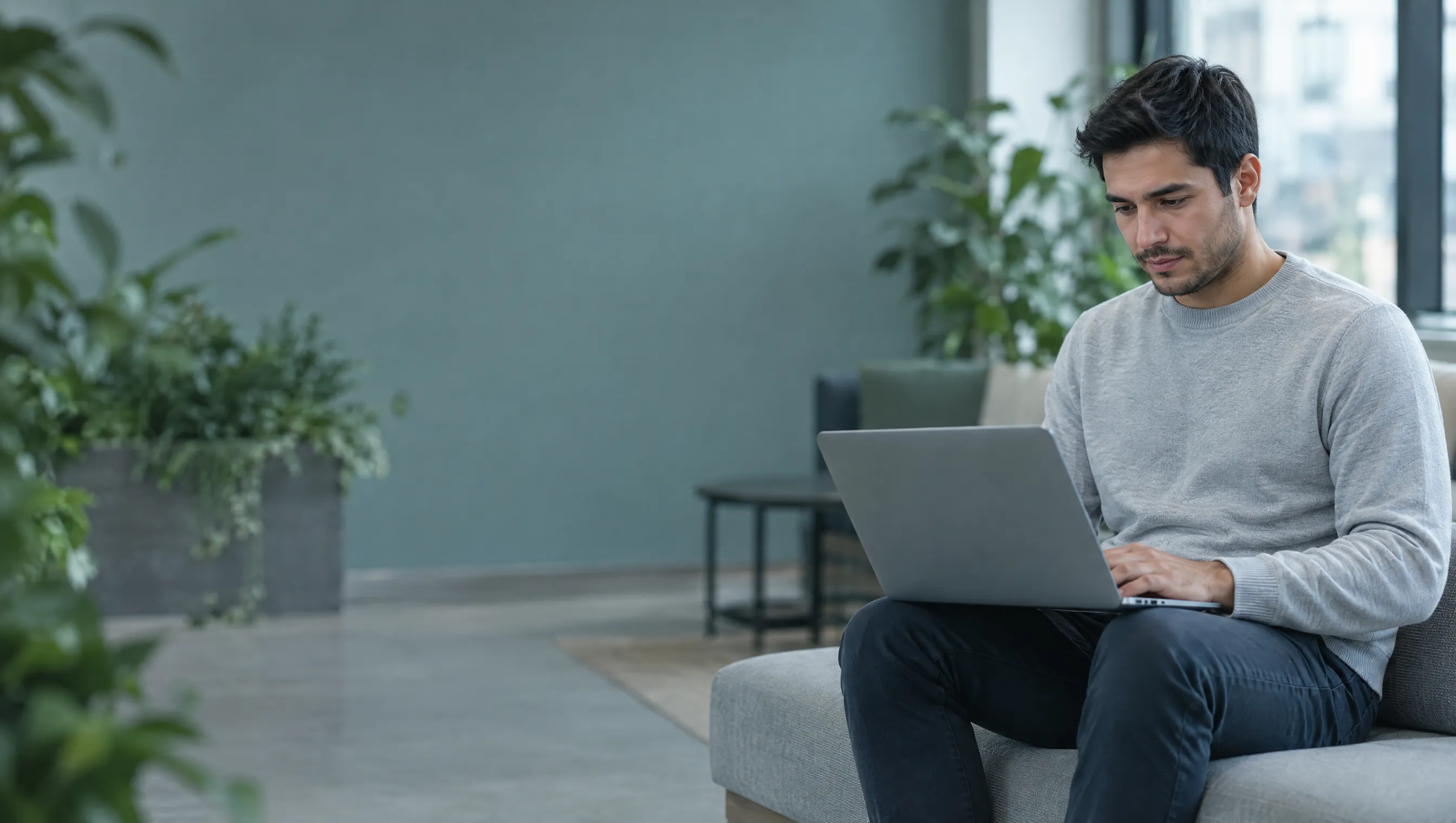 An analyst working on a laptop in a quiet office lounge