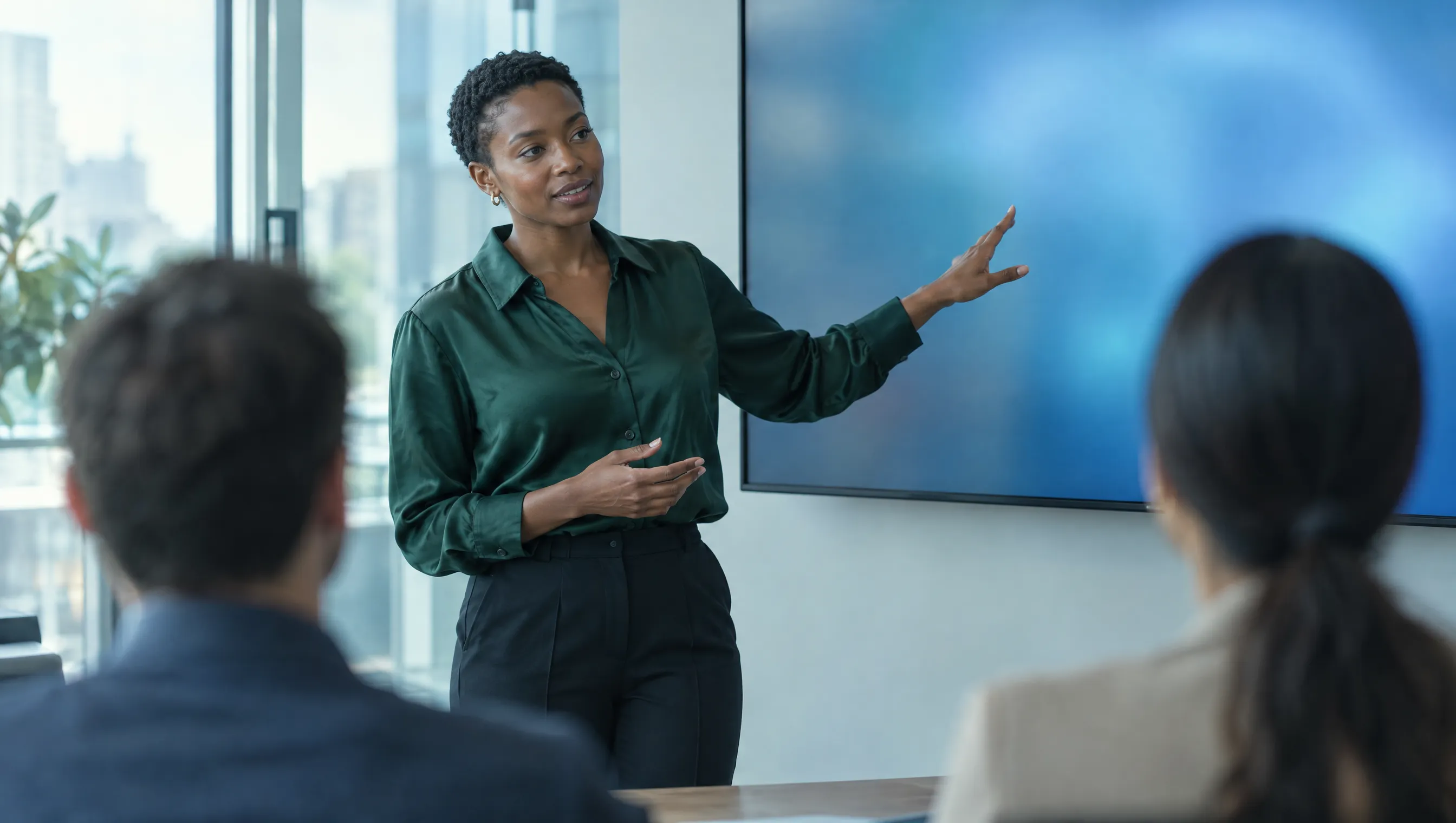 A presenter walking two colleagues through a workflow on a large screen