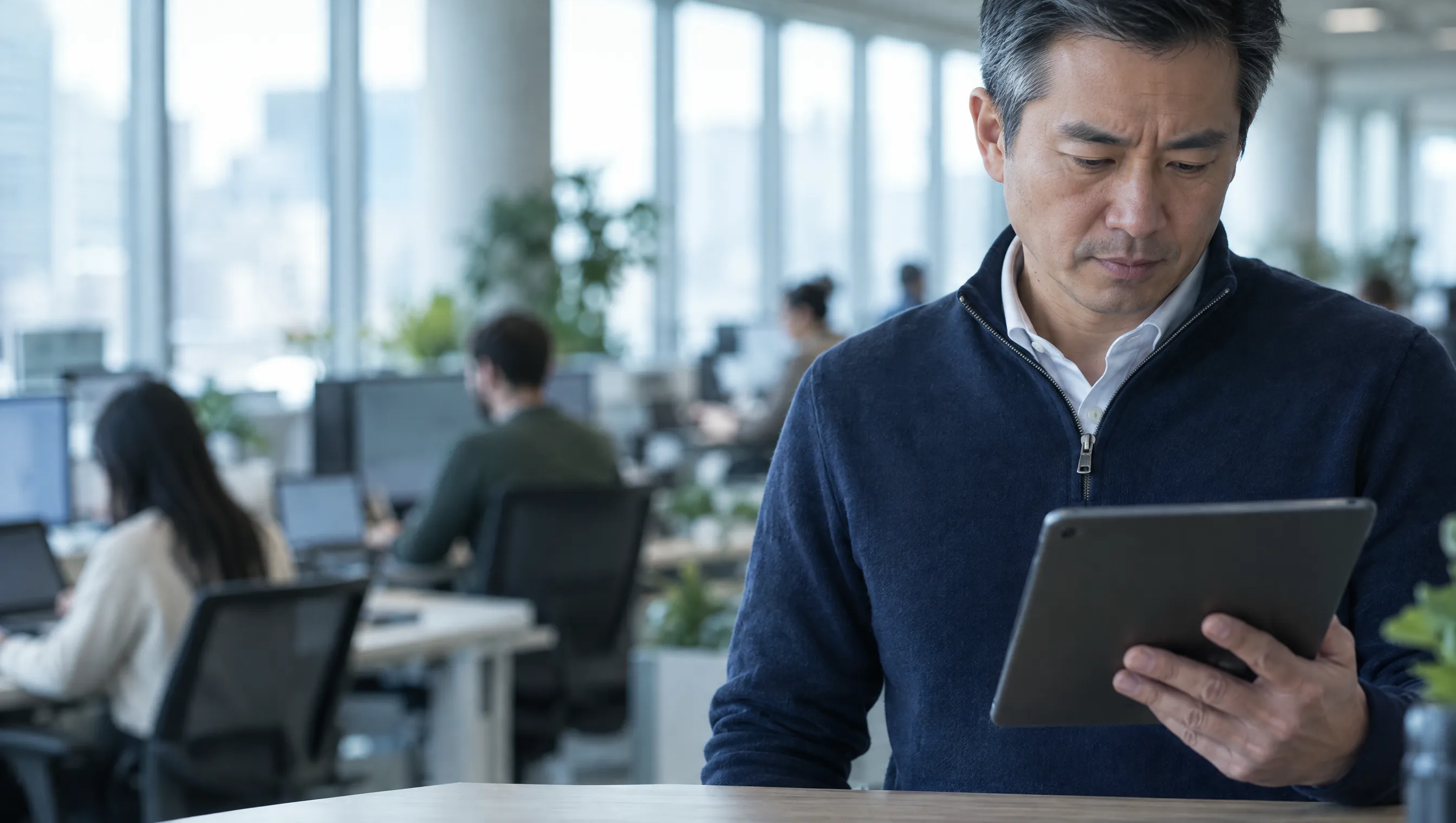 An operations leader reading a tablet in an open office